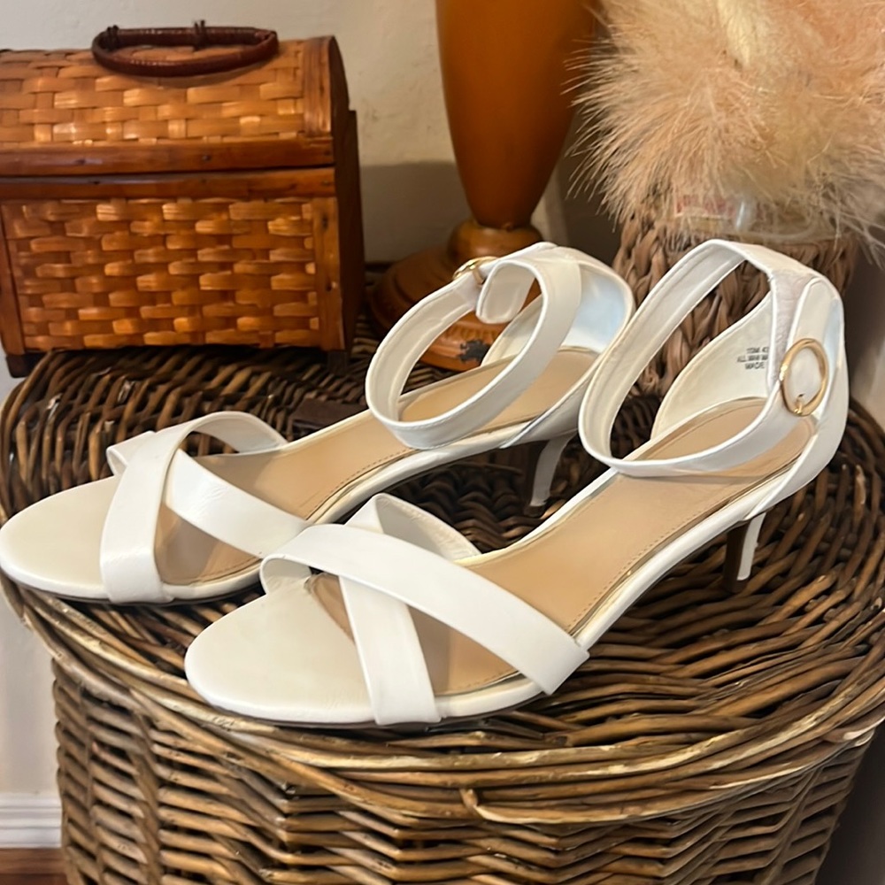 White Strappy Sandal with Velcro Ankle Strap / 2 Inch Heel/ Size 10/ Cato